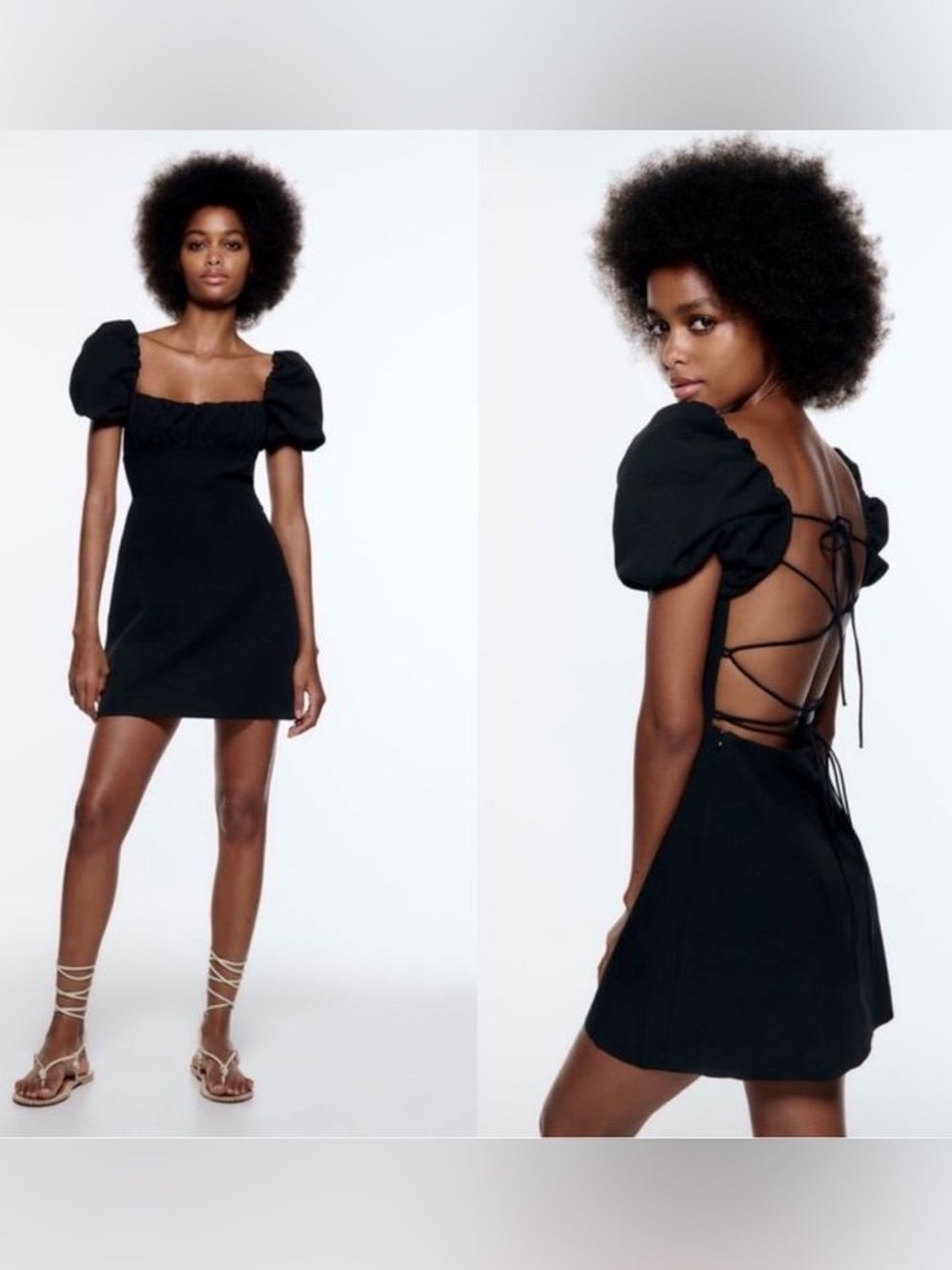 Zara Black Puff Sleeve Lace Back Mini Dress